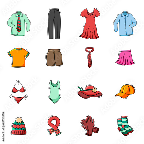 Hand drawn icons set of clothes and accessories in doodle sketch style. Vector illustration for icon  background  frame design.