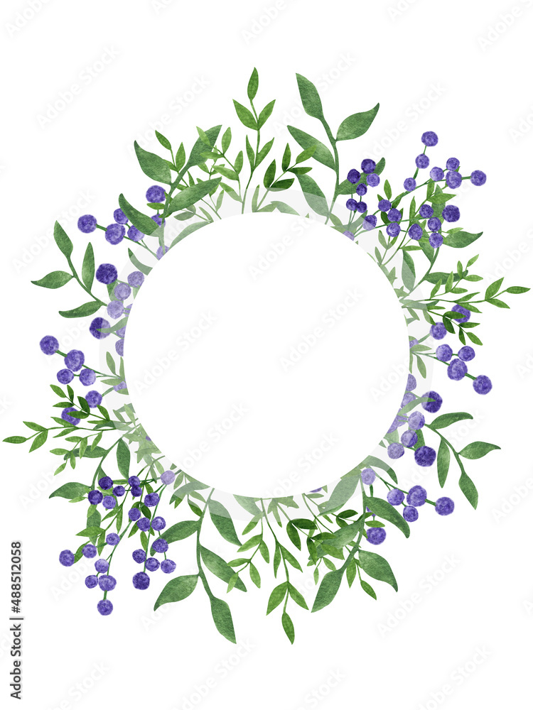 Fototapeta premium Watercolor spring; summer frame with green leaves and branches of gypsophila, for wedding greetings, wallpapers, background. Green herbs, branches, leaves, plants;