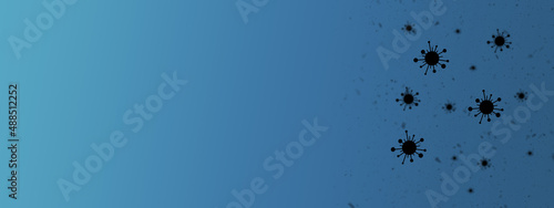 Breiter Hintergrund oder Banner in dunkelblau mit Viren die in der Luft umherfliegen © HNFOTO