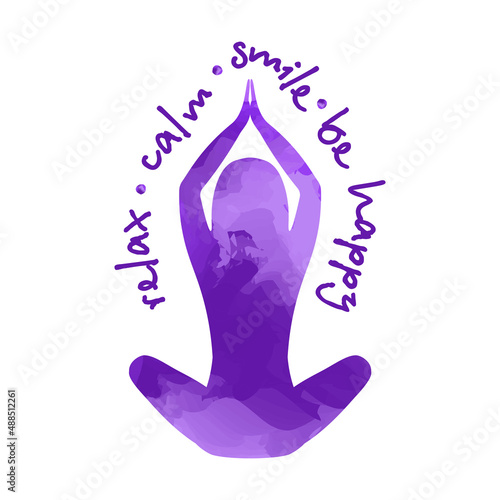 Isolated woman silhouette sitting in lotus yoga pose. Isolated sitting  woman silhouette with abstract violet grunge watercolor  splashes for your web site design, logo, app, UI.  EPS10. 