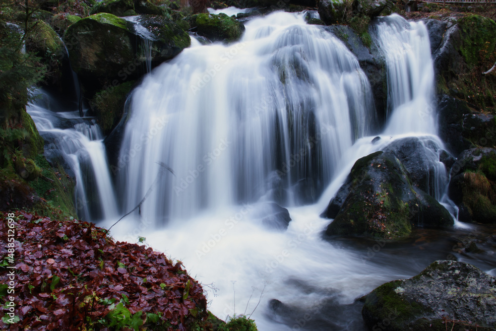 Obraz premium Water cascading over a hill into a basin at the Triberg waterfall in the Black forest of Germany.