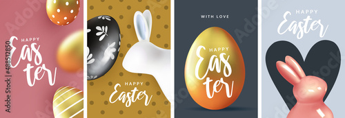 Easter Set of greeting cards, holiday covers, posters, flyers design.Modern minimal design  with eggs and  rabbits for social media, sale, advertisement, web.