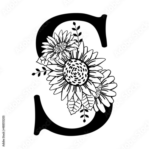 Monogram, capital letter S, embellished with flowers and leaves. Family logo, farmhouse decoration. Black silhouette of letter, ready to be printed and cut on plotter. Wedding, personalized gift © Lyudmyla