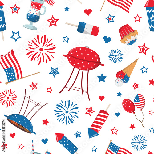 4th of July, patriotic festive barbecue party seamless pattern. Isolated on a white background. American Independence Day themed design.
