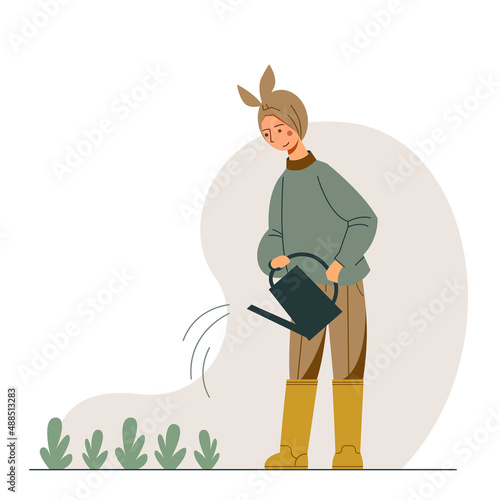 Nice cartoon gardener woman watering plants.