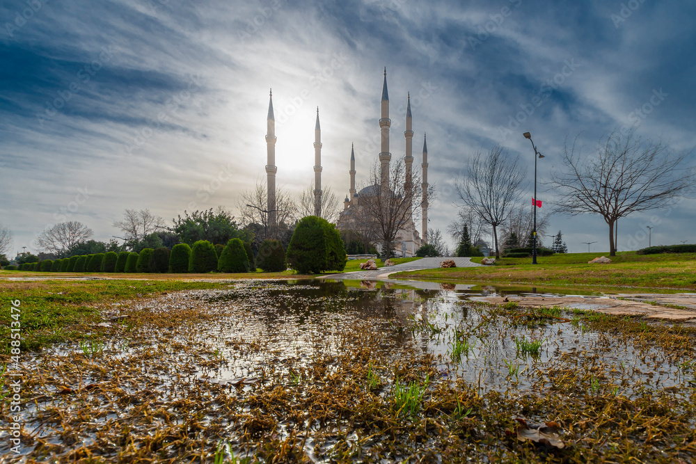 Fototapeta premium Sabanci Merkez Mosque view in Adana City of Turkey