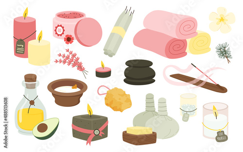 Spa salon wellness set vector illustration. Cartoon collection with oil and relax stones for massage, candle for zen therapy and treatment, natural frangipani flowers and bath towels isolated on white