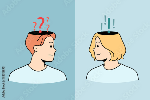 Doubt asking and declaiming concept. Frustrated man asking with question mask on head looking at confident woman having answer feeling sure vector illustration 
