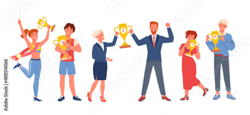Happy people winners with first place awards set vector illustration. Cartoon sportswoman winning gold trophy cup at competition, business people holding prize in hands. Success, victory concept
