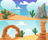 African desert landscape with arc formation, rocks and cactuses - flat vector illustration.