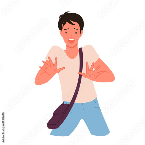 Scared worried boy in panic or fear vector illustration. Cartoon teen with afraid face expression and pose, scary shock surprise scaring excited unsure teenager with open mouth isolated on white