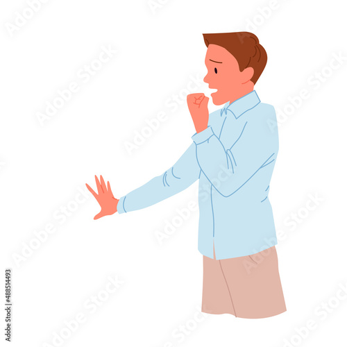 Scared terrified man with fear expression on face vector illustration. Cartoon portrait of adult panicked and nervous guy in stress by scary shock surprise, horrified worried person isolated on white