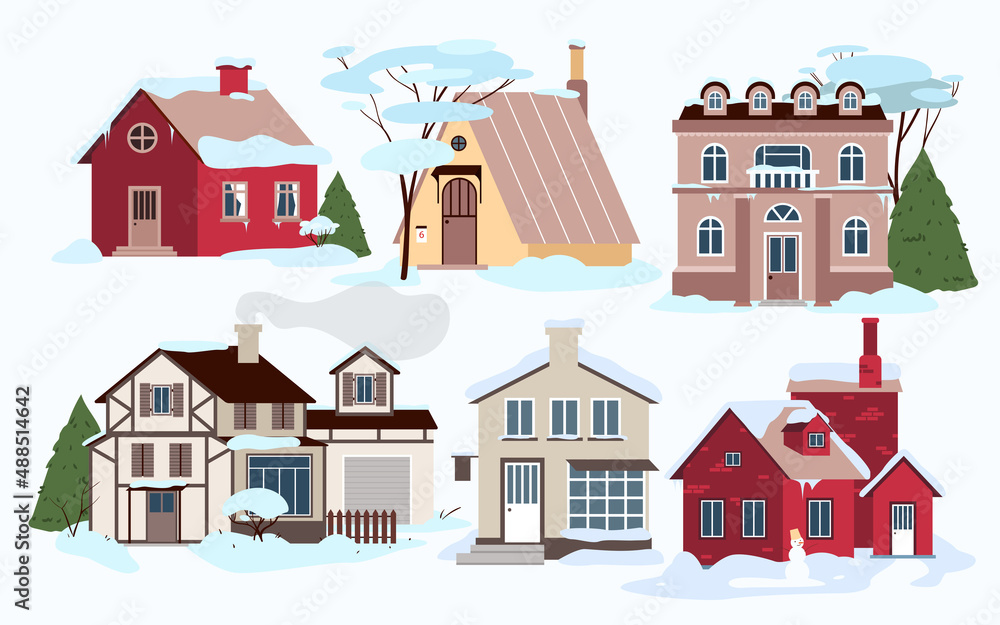 Fototapeta premium Village modern houses in winter cold weather and snow set vector illustration. Cartoon family homes in snowdrifts, buildings and cottages with trees in garden, windows, roofs and doors background