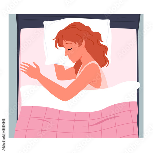 Woman sleeping in comfortable bed, cozy home bedroom top view vector illustration. Cartoon sleepy girl resting, lying on pillow under blanket to sleep and dream at night, lifestyle background