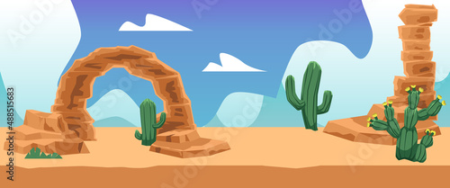 Desert landscape poster or game location background, flat vector illustration.