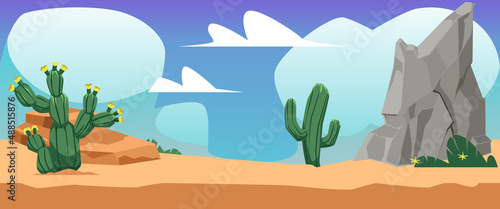 Desert landscape banner or game location background, flat vector illustration.