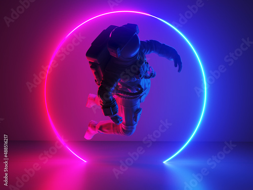 Photo 3d rendered illustration of a neon style astronaut