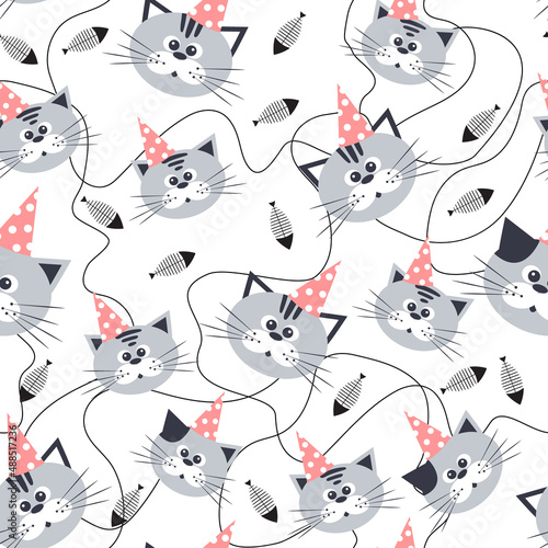 Cartoon watercolor cats seamless pattern in pastel colors. Kids design.