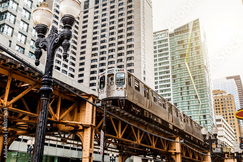 View of loop elevated train and skyscraper at, Chicago, USA