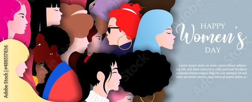 Group of women with the day and name of event, example texts on gray background