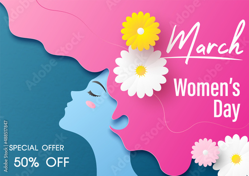 Poster advertising of women's day with specials offer sale wording in paper cut style