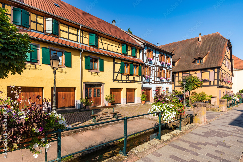 France, Alsace, Ribeauville, Half-timbered townhouses in summer France, Alsace, Ribeauville, Half-timbered townhouses in summer