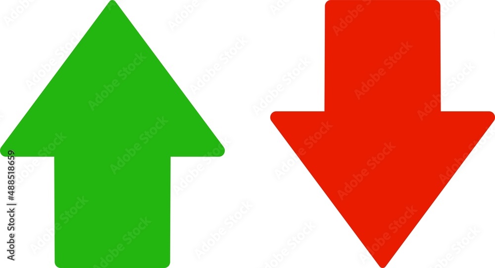 Simple up and down arrows. Upward, downward arrows in green and red ...