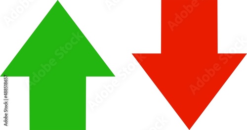 Simple up and down arrows. Upward, downward arrows in green and red isolated on white background, set of two. 