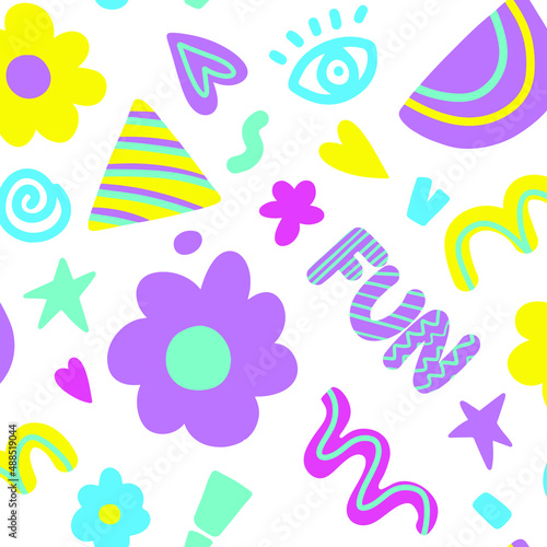 Cute doodle elements seamless pattern. Modern vector repeat print. Flat cartoon illustrations design in violet, yellow and mint green colors.
