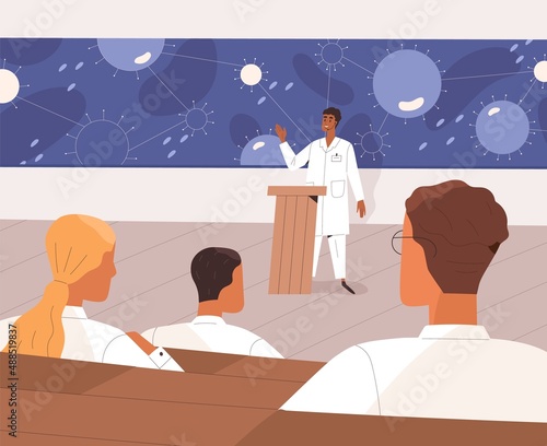 Scientist speaker at medical conference, speaking to doctors audience. People at medicine and healthcare event, scientific congress. Professors speech at health symposium. Flat vector illustration