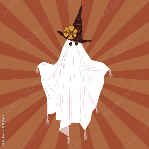 Spooky ghost in witch hat and white sheet on rayburst background vector illustration. Classic Halloween icon scary haunt postcard.
