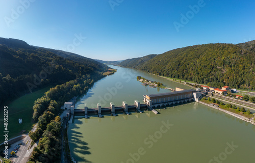 Germany, Bavaria, Untergriesbach, Drone view of Jochenstein hydroelectric power station