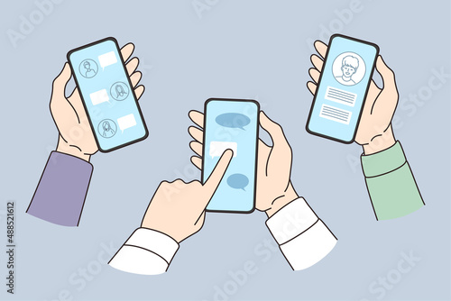 Hands of diverse people hold modern smartphones chat talk in messenger online. Friends communicate on internet on cellphone, use social media on gadget. Communication. Vector illustration. 