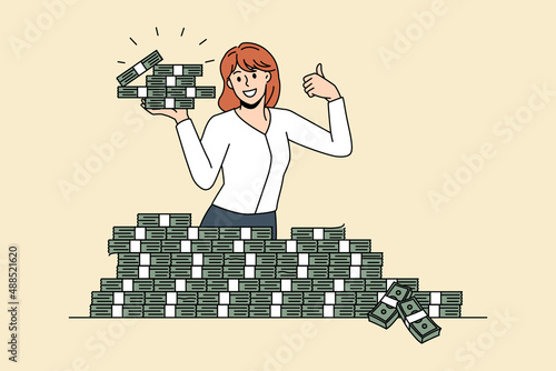 Financial success and big money concept. Smiling woman worker standing and holding heaps of cash money showing thumbs up sign vector illustration 