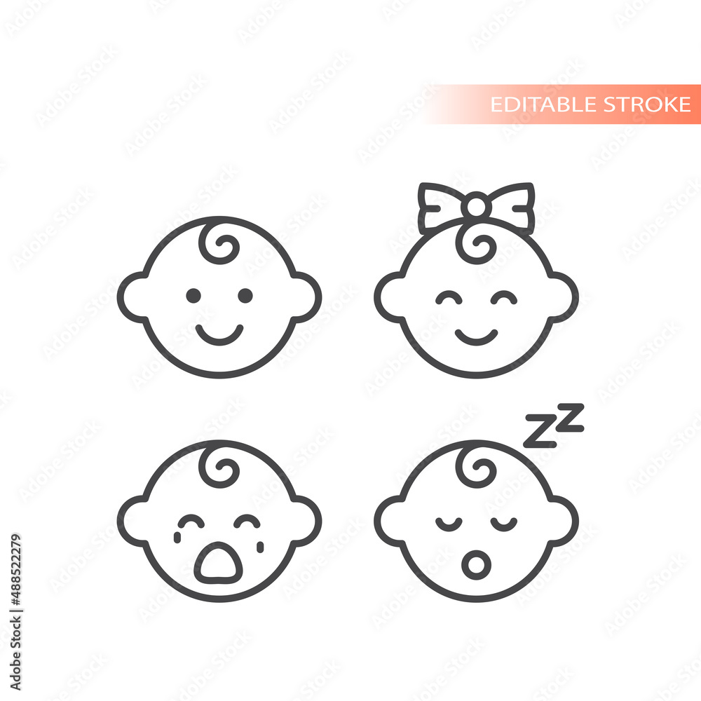 Baby boy, baby girl line vector icon. Crying and sleeping face outlined symbol. Baby boy, baby girl line vector icon. Crying and sleeping face outlined symbol.