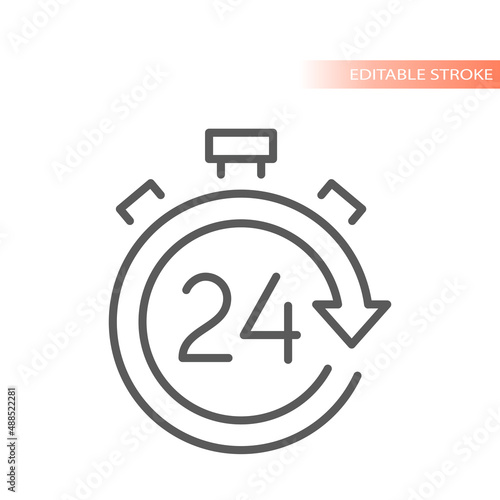 24 hours open clock line vector icon. Non stop cycle arrow outlined symbol.