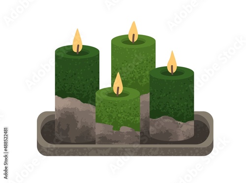 Modern wax candles on concrete pedestal. Elegant candlelights on hard stone stand. Cosy aromatic romantic decorationon tray for home interior. Flat vector illustration isolated on white background