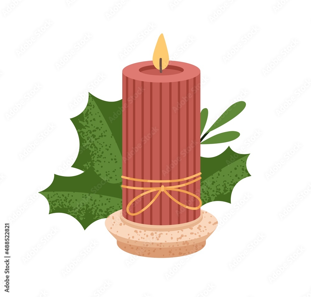 Ribbed wax candle on candlestick with leaf. Modern eco decoration. Decorative glowing candlelight taper with flame. Cosy romantic handmade pillar. Flat vector illustration isolated on white background Ribbed wax candle on candlestick with leaf. Modern eco decoration. Decorative glowing candlelight taper with flame. Cosy romantic handmade pillar. Flat vector illustration isolated on white background