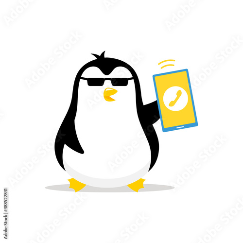 Penguin with phone. Call center. Feedback. Mascot cartoon vector illustration.