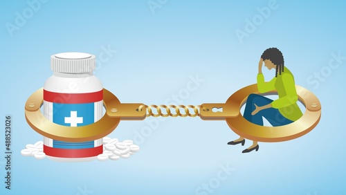 Woman trapped with medicine drugs. Vector illustration.
