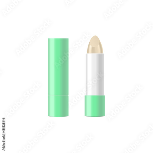Realistic lip balm stick opened and closed, 3d vector illustration isolated on white background.