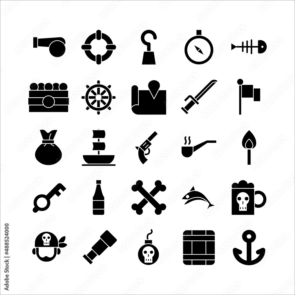 Obraz premium Pirates icon set vector solid for website, mobile app, presentation, social media.
