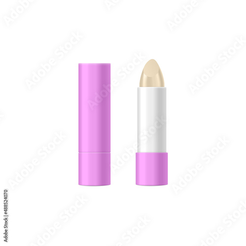 Lipstick package, mockup of lip balm tube in realistic 3d style, vector illustration isolated on white background.