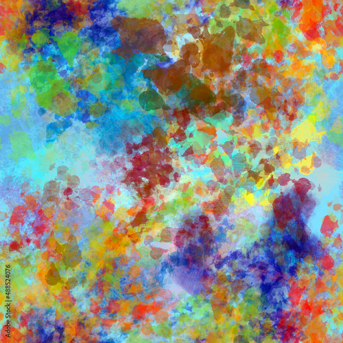 Abstract vibrant multicolored painted seamless background with a mixed bright spots, blots, smudges, lines, strokes, stains, scribble, doodle © Olga