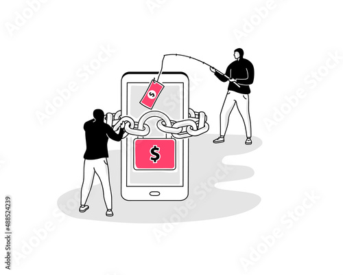 Illustration of ransomware symbol with a smartphone and two hackers. Easy to use for your website or presentation.