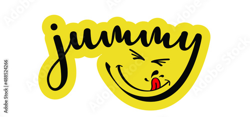 Cartoon, comic yummy smile and tongue or lick. Happy world smile day, big smiling. Fun comic thoughts emotion symbol. Vector laugh sign. licking lips icon or pictogram