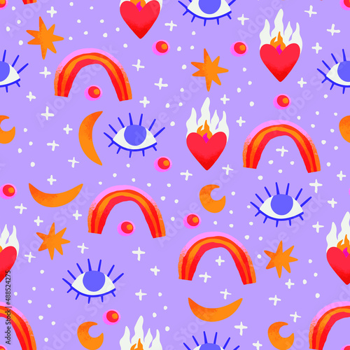 Feminist seamless pattern for Women's day with rainbows, moon and stars elements, eyes and flaming hearts, girly and cute vibes