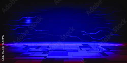 Vector illustrations of cyperpunk with horizon space futuristic and science fiction technology game and tech advertising artwork.