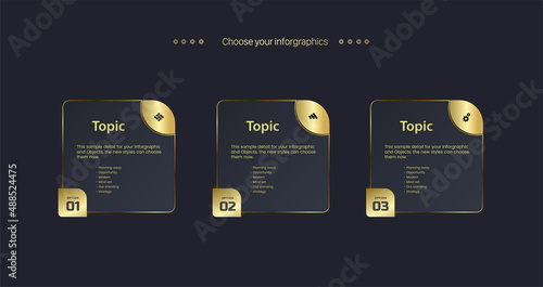 Three Infographic options charts design, and Luxury buttons with 3 Numbers of with golden bannsers concept templates. used in presentations, business and finacial banners vector