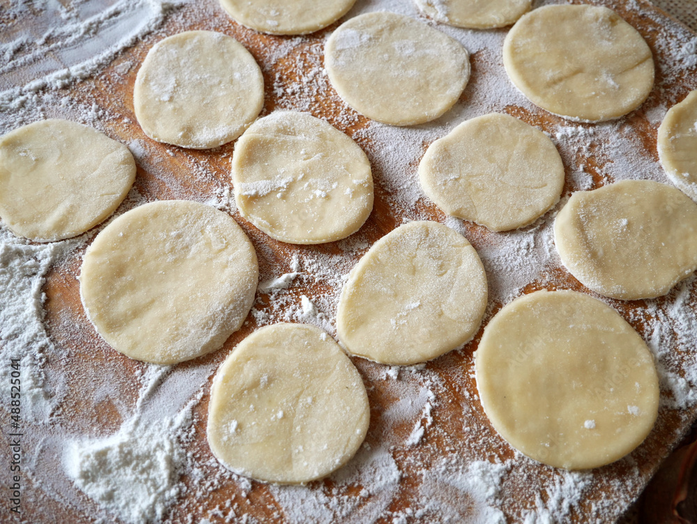 process of making homemade dumplings, ravioli or pelmeni with vegetables filling. Ready for cooking raviolis on wooden board process of making homemade dumplings, ravioli or pelmeni with vegetables filling. Ready for cooking raviolis on wooden board